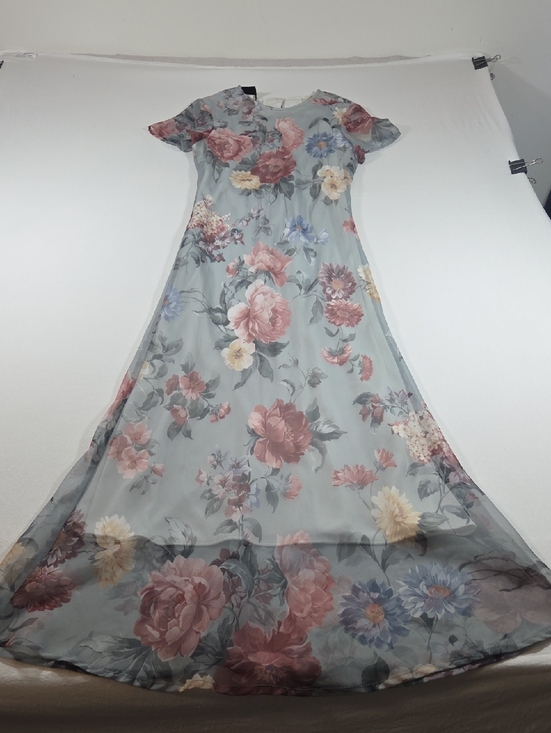 My Michelle Dresses & Skirts - Vintage Floral Maxi Dress Dusty Blue Pink Blooms Sheer Overlay Stretch Bridal